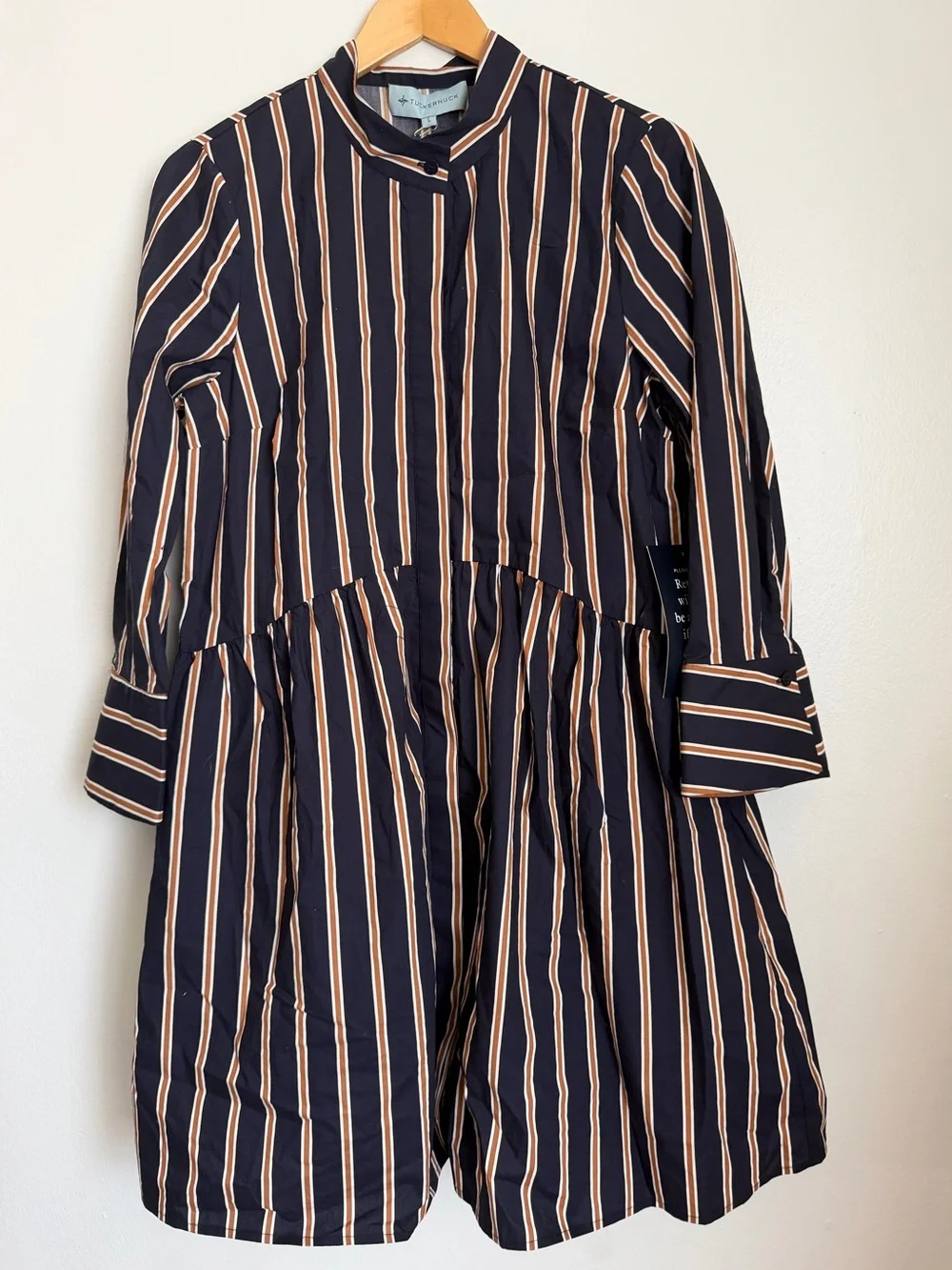 Tuckernuck Shirt Dress Long Sleeve Navy Brown Midi Drop Waist Women Size Large